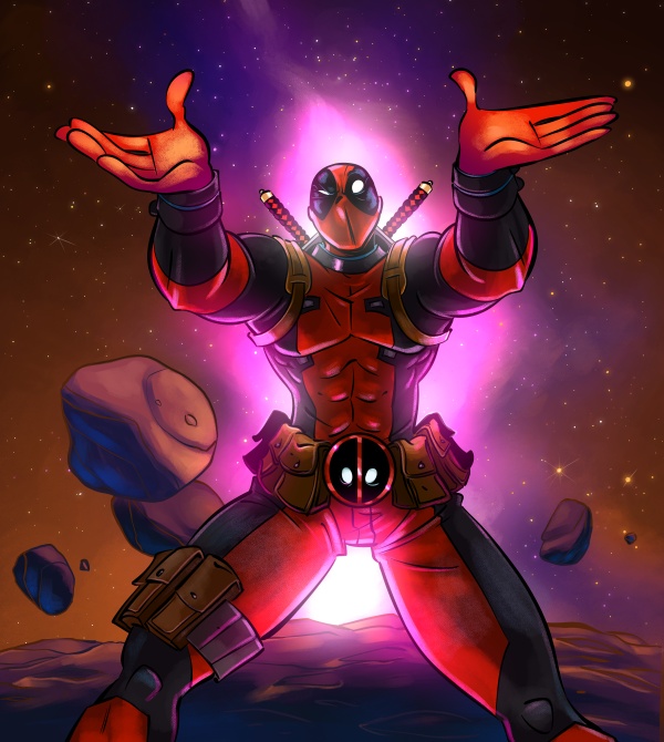 1boy, asteroid, bodysuit, deadpool, deadpool_(series), fourth_wall, holding, marvel