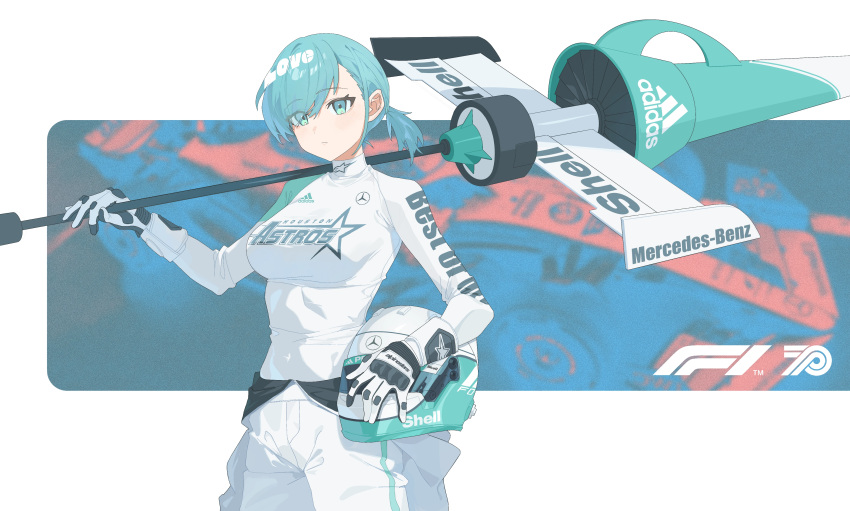1girl, absurdres, adidas, aqua_eyes, aqua_hair, blush, breasts, car, closed_mouth, commentary, cowboy_shot, expressionless, eyes_visible_through_hair, formula_one, formula_racer, fromgod_jungle, gloves, hair_over_one_eye, helmet, highres, holding, holding_helmet, houston_astros, jumpsuit, large_breasts, long_sleeves, looking_at_viewer, low_ponytail, mercedes-benz, motor_vehicle, original, over_shoulder, ponytail, race_vehicle, racecar, racing_suit, shell_(company), shirt, short_ponytail, skin_tight, solo, sponsor, standing, symbol-only_commentary, unworn_headwear, unworn_helmet, white_jumpsuit, white_shirt