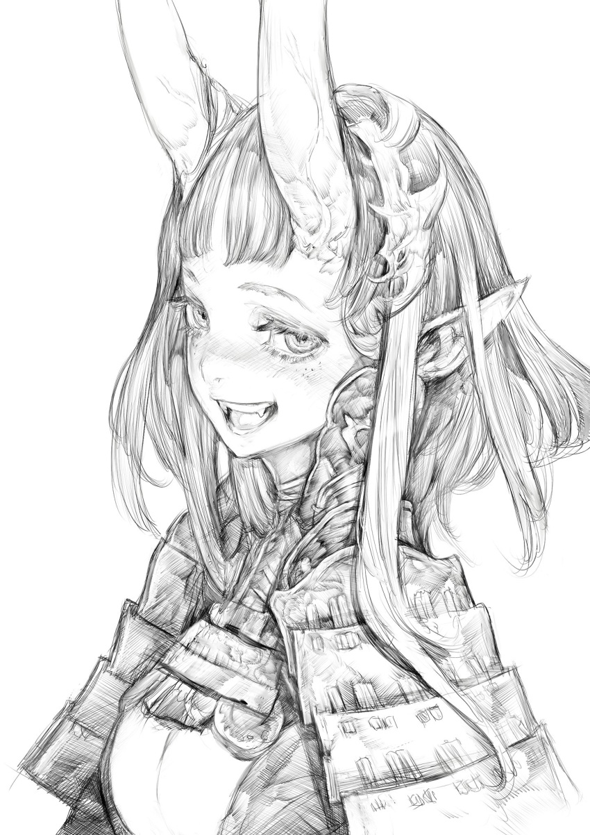 1girl, armor, blush, breasts, demon_horns, fangs, freckles, graphite_(medium)