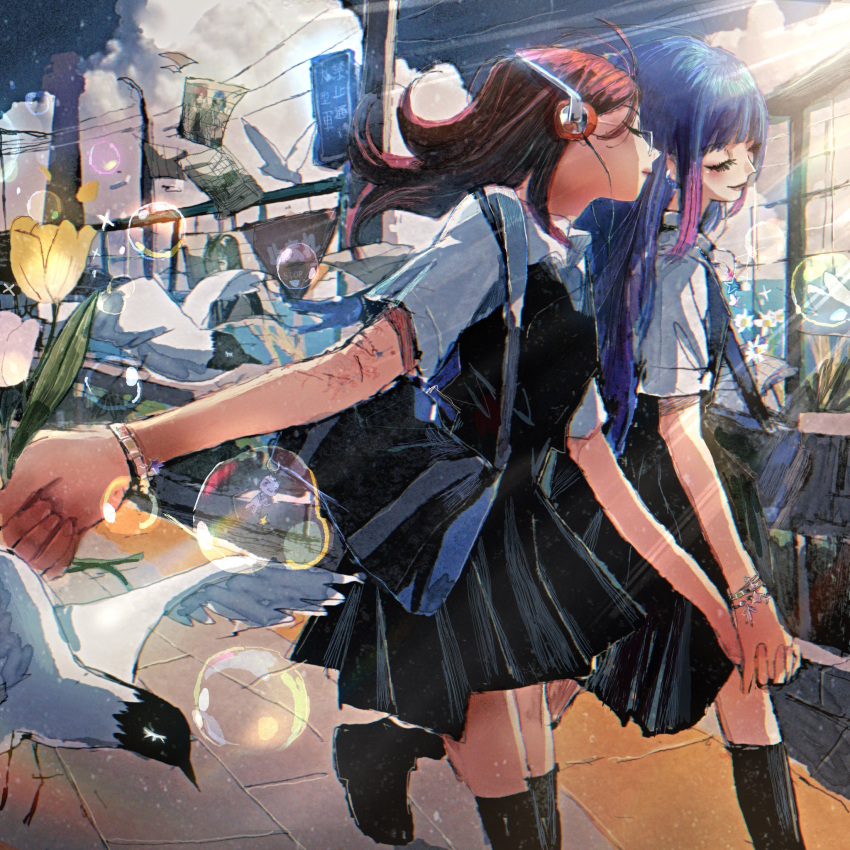 2girls, bag, bird, black_bag, black_boots, blue_hair, blunt_bangs, boots