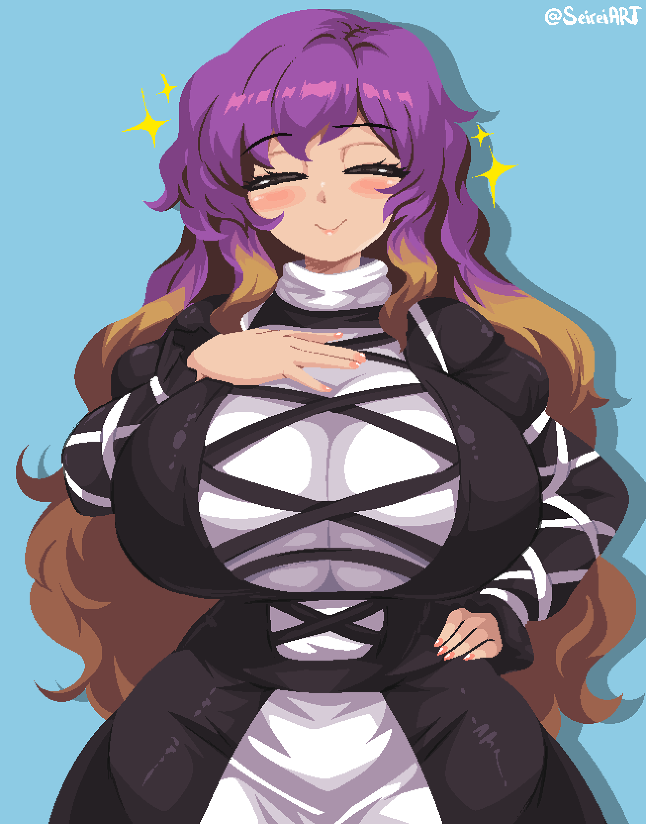 1girl, black_dress, blonde_hair, blue_background, blush, breasts, closed_eyes, cowboy_shot, dress, gradient_hair, hand_on_own_chest, hand_on_own_hip, highres, hijiri_byakuren, huge_breasts, layered_dress, long_hair, long_sleeves, multicolored_hair, nail_polish, pixel_art, purple_hair, seireiart, shadow, smile, solo, sparkle, touhou, twitter_username, very_long_hair, white_dress