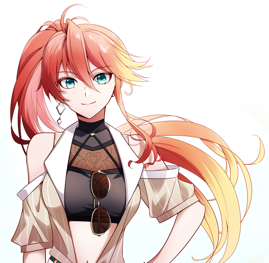 1girl, ahoge, bare_shoulders, blonde_hair, crop_top, detached_sleeves, double-parted_bangs, earrings