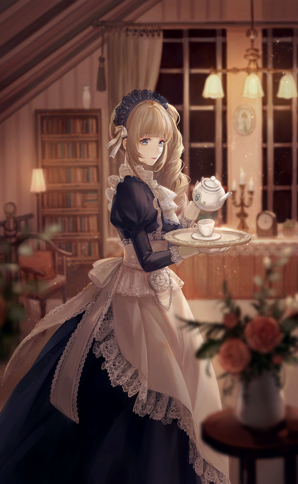 1girl, apron, armchair, artist_request, ascot, back_bow, blue_dress, blue_eyes