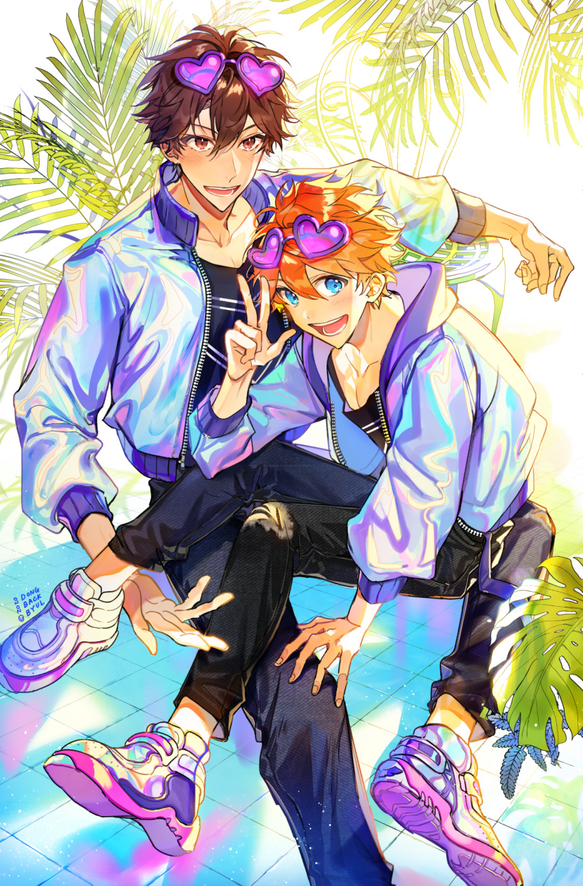 2boys, akehoshi_subaru, black_pants, blue_eyes, brown_eyes, brown_hair, dongbackbyul, ensemble_stars!
