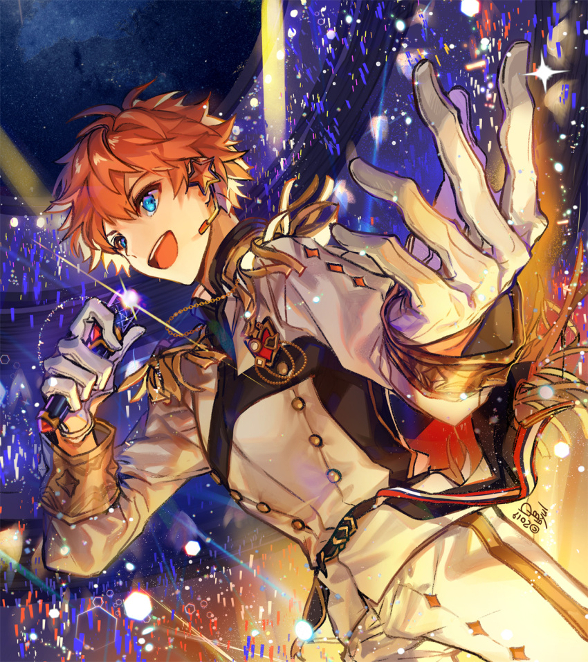 1boy, akehoshi_subaru, blue_eyes, brooch, cowboy_shot, dongbackbyul, ensemble_stars!, foreshortening