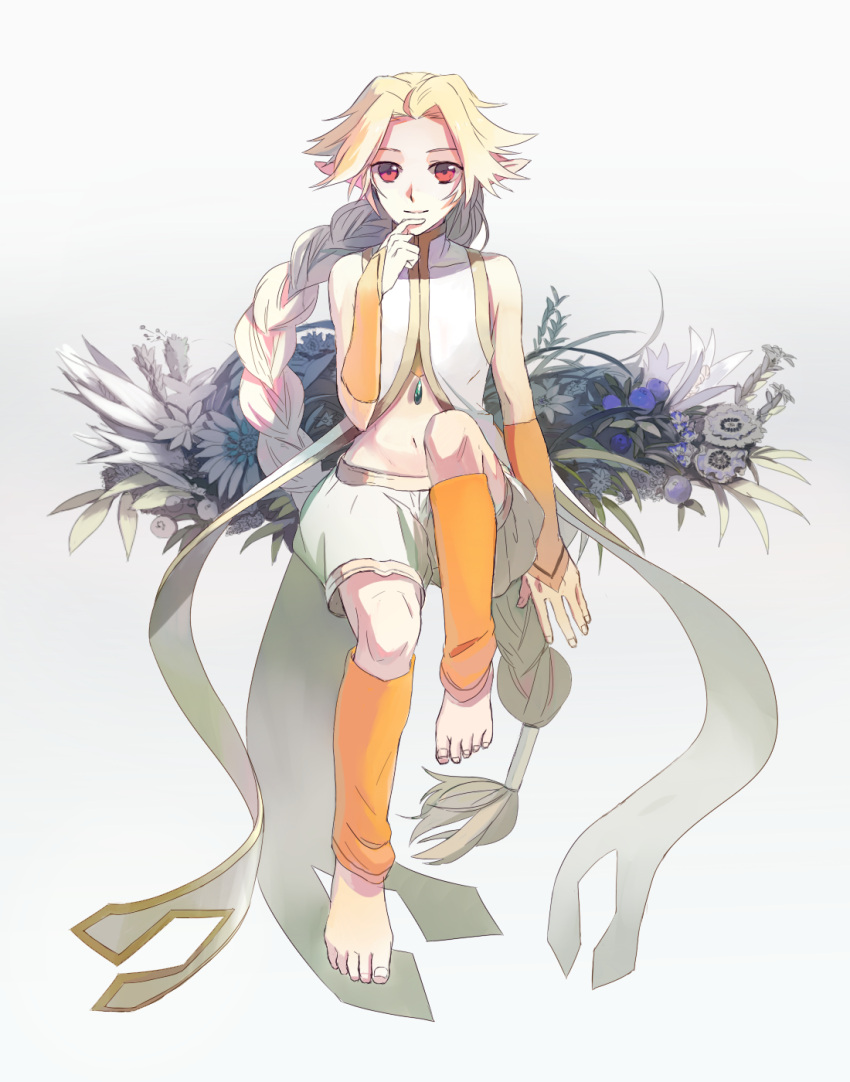 bad_id, barefoot, blonde_hair, braid, chin_rest, coat, cogiku, feet
