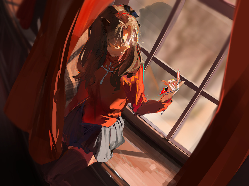 1girl, black_hair, black_ribbon, black_skirt, black_thighhighs, commentary_request, cross, curtains