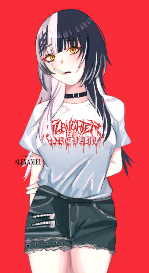 1girl, alexaniel, alternate_costume, arms_behind_back, artist_name, band_shirt, black_choker, black_hair, choker, cigarette, grey_hair, grey_pants, hololive, hololive_english, long_hair, merchandise, monkey_ears, monkey_girl, multicolored_hair, pants, red_background, red_t-shirt, shiori_novella, shirt, slaughter_to_prevail_(band), smoking, solo, split-color_hair, t-shirt, two-tone_hair, virtual_youtuber, white_shirt, white_t-shirt, yellow_eyes