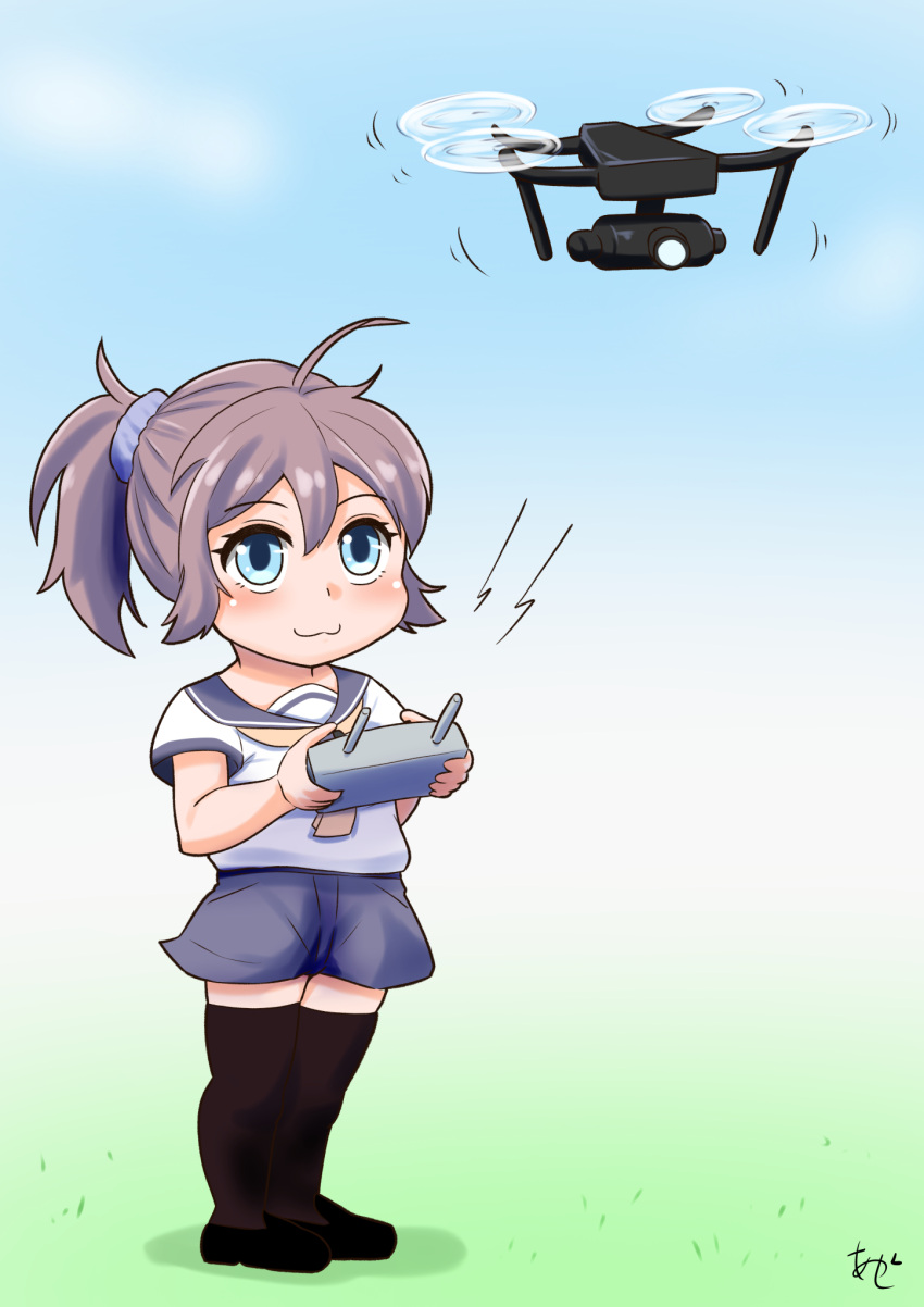 1girl, akashieru, aoba_(kancolle), black_thighhighs, blue_scrunchie, blue_sky, clouds, commentary_request