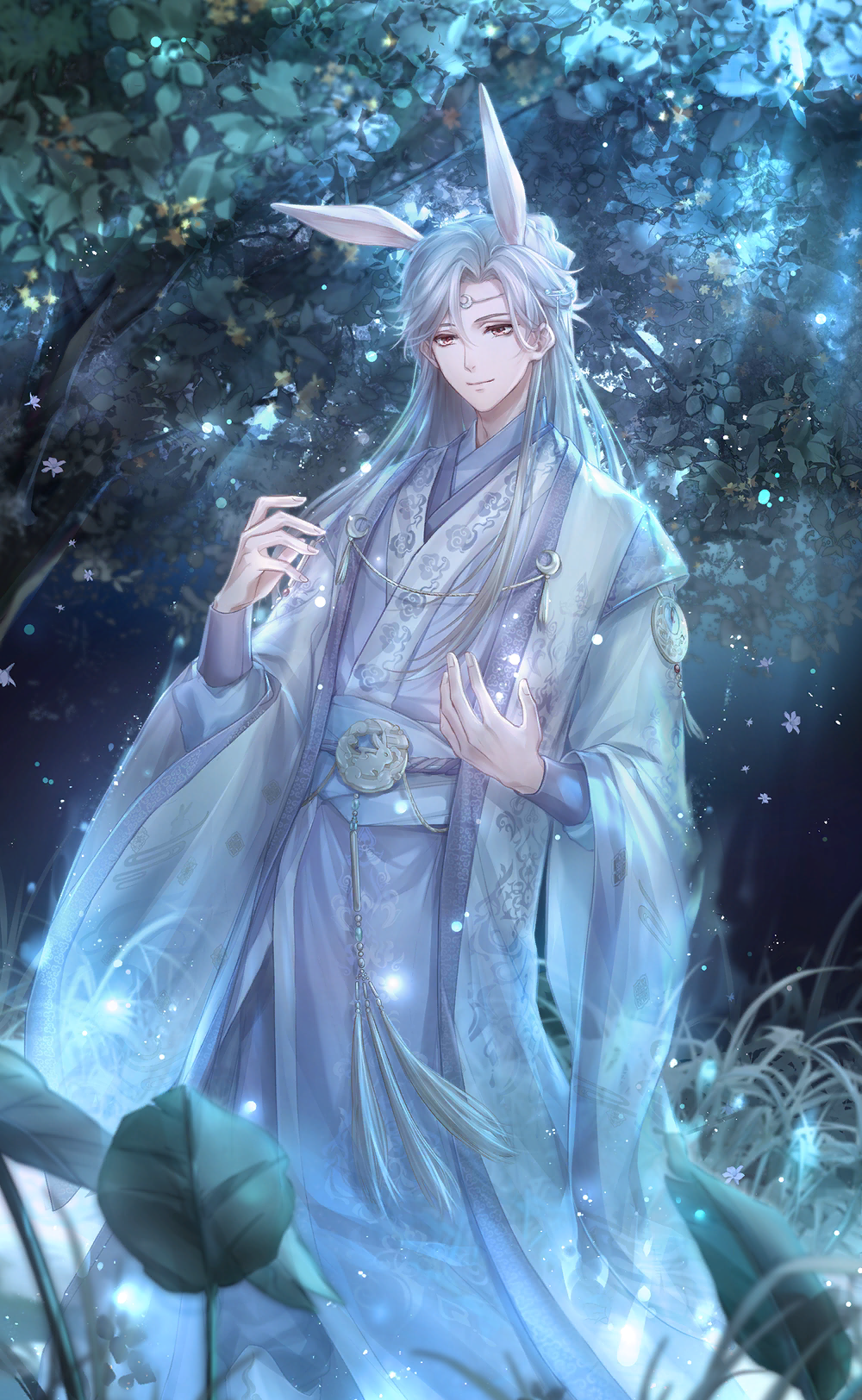 1boy, animal_ears, artist_request, baishuo_(shining_nikki), blonde_hair, blue_bow, blue_hanfu, blue_jacket