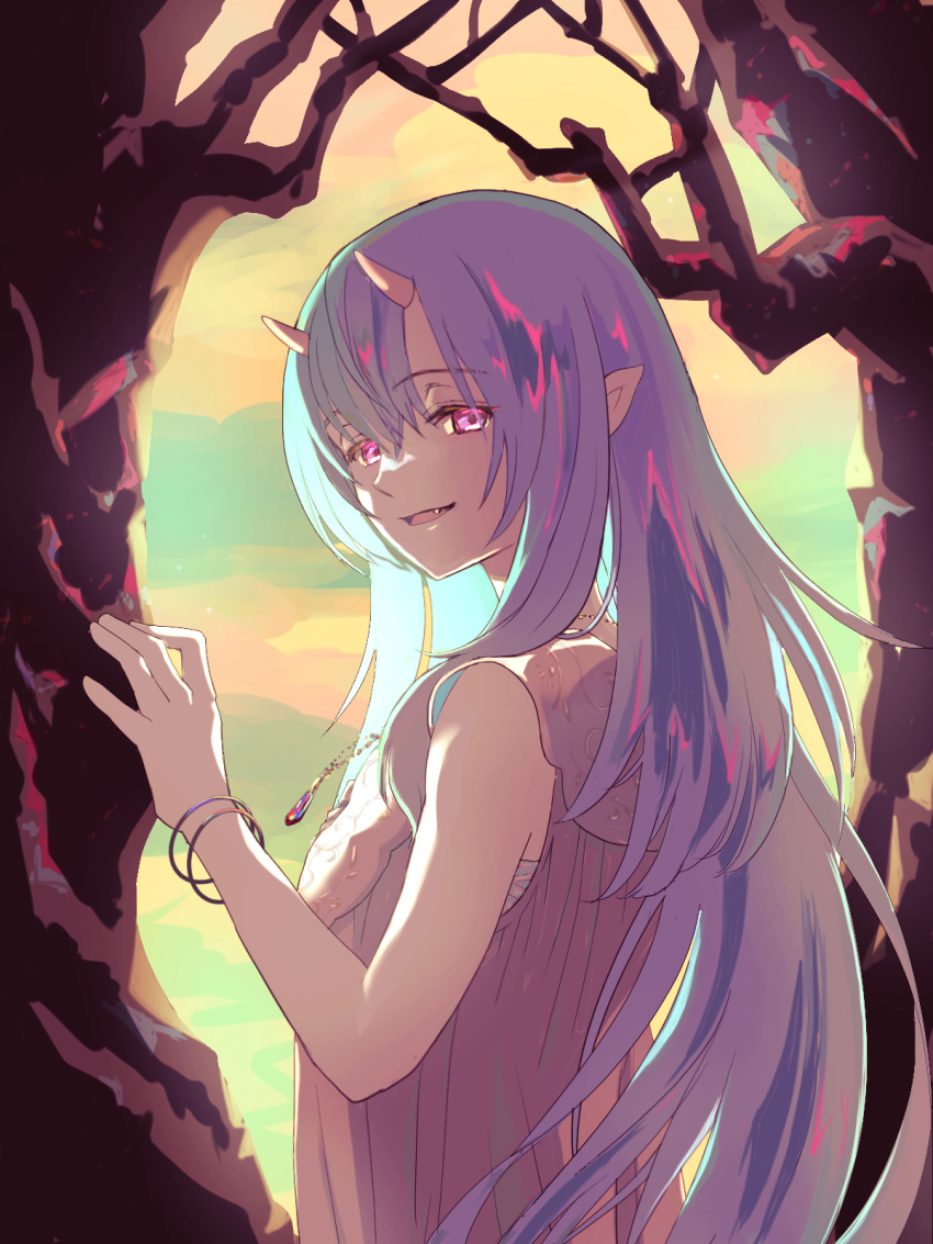 1girl, bracelet, demon_girl, demon_horns, dress, fang, from_behind, gem