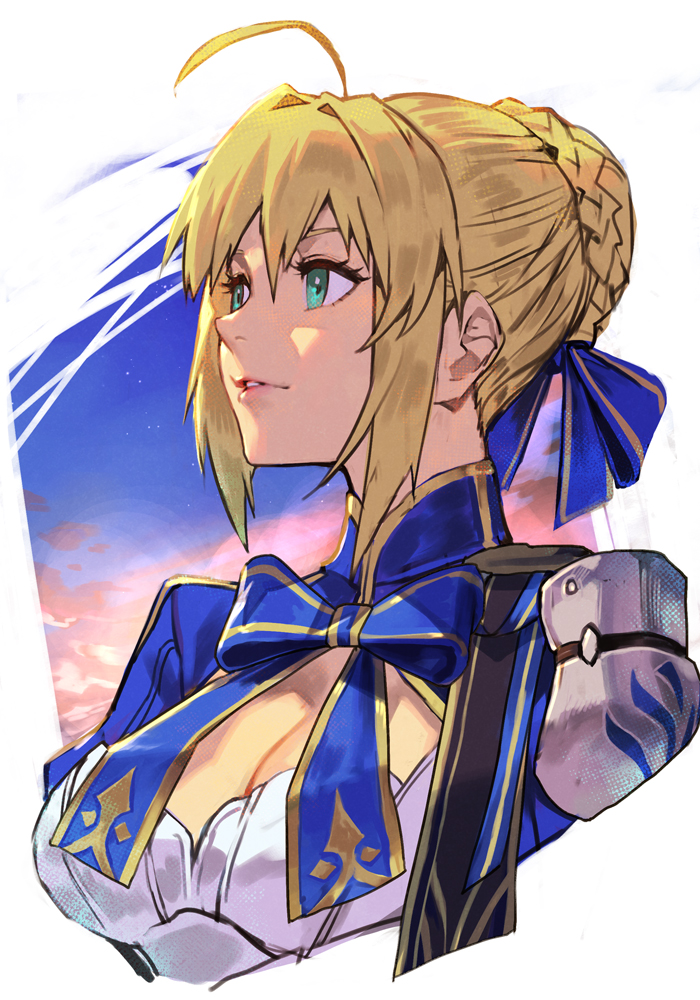 1girl, ahoge, armor, artoria_pendragon_(fate), blonde_hair, blue_bow, blue_dress, bow, cleavage_cutout, clothing_cutout, crossover, dress, fate/stay_night, fate_(series), green_eyes, hankuri, honkai:_star_rail, honkai_(series), saber_(fate), saber_(honkai:_star_rail)_(fate), shoulder_armor, solo