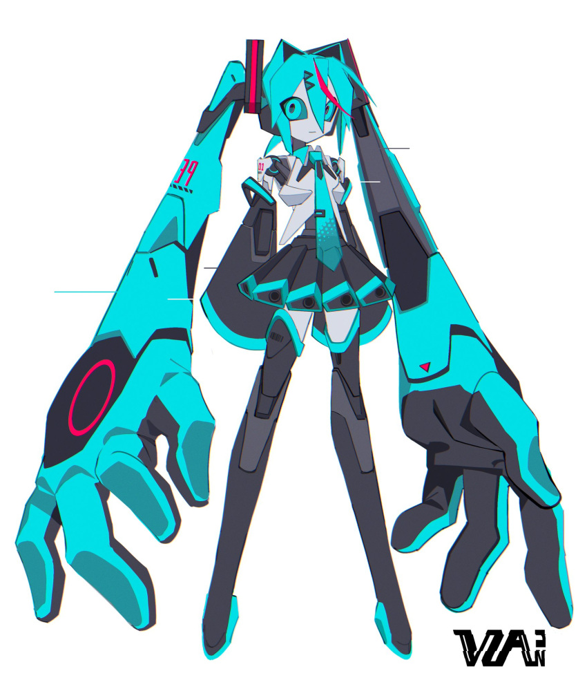 1girl, aqua_eyes, aqua_hair, aqua_necktie, azu_(yu_de_ta_ya_tu), black_sleeves, colored_skin, detached_sleeves