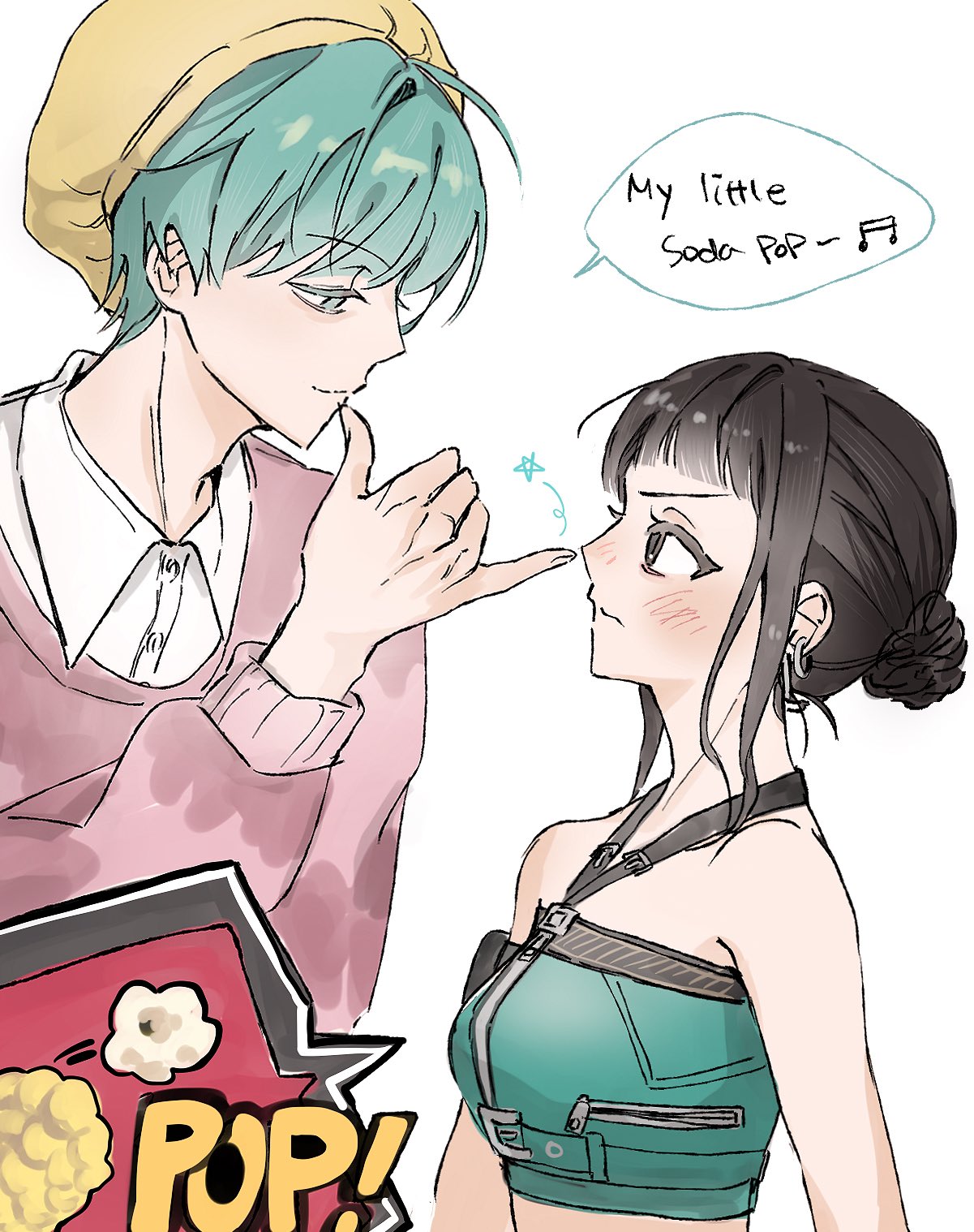 1boy, 1girl, annoyed, aqua_eyes, aqua_hair, baby_(kpop_demon_hunters), black_eyes, black_hair