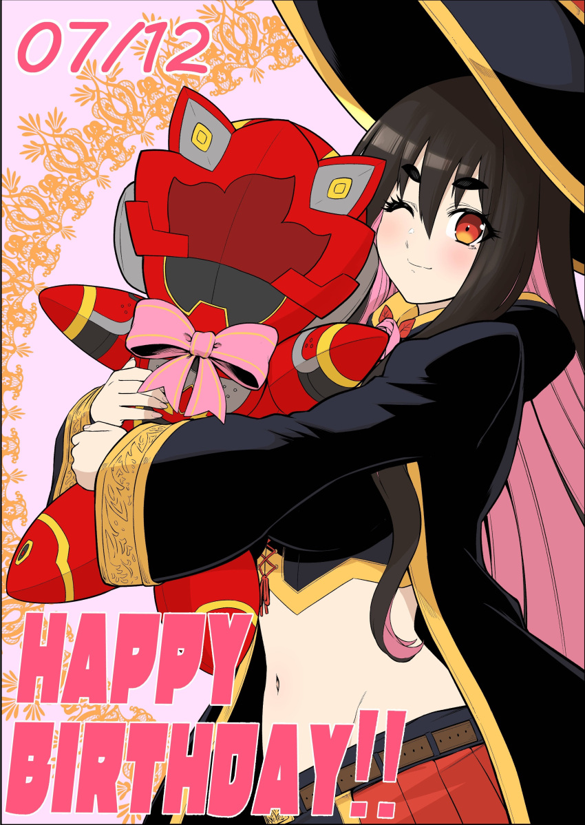 1boy, 1girl, absurdres, black_hair, breasts, character_doll, happy_birthday, hat