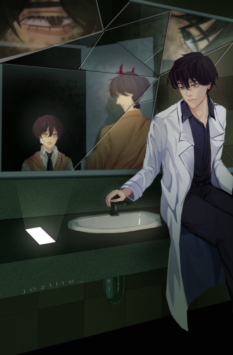 4boys, bandaid, bandaid_on_face, bathroom, black_hair, black_necktie, black_skirt, broken_glass, coat, collared_shirt, demon_horns, glass, grey_eyes, highres, horns, jozllie, kim_dokja, looking_at_viewer, mirror, multiple_boys, multiple_persona, multiple_views, necktie, official_alternate_costume, oldest_dream, omniscient_reader's_viewpoint, phone, shirt, short_hair, sink, sitting, skirt, squiggle, vest, white_coat, white_shirt, yellow_vest, yoo_joonghyuk