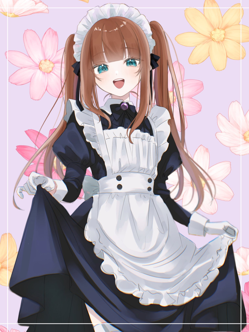 1girl, apron, black_bow, blush, bow, brown_hair, commentary_request, floral_background