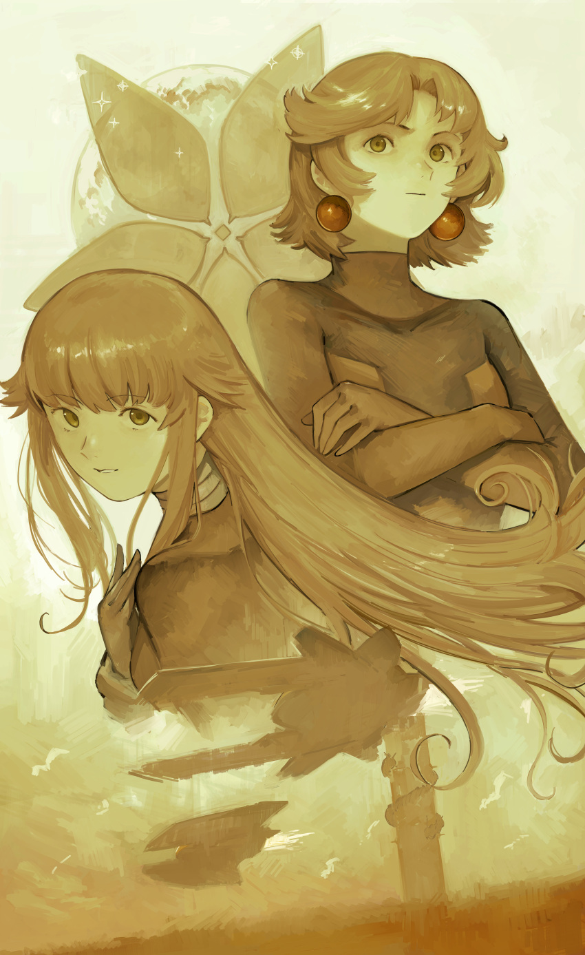 2girls, :|, absurdres, closed_mouth, crossed_arms, dori_(zeroranger), dutch_angle, earrings