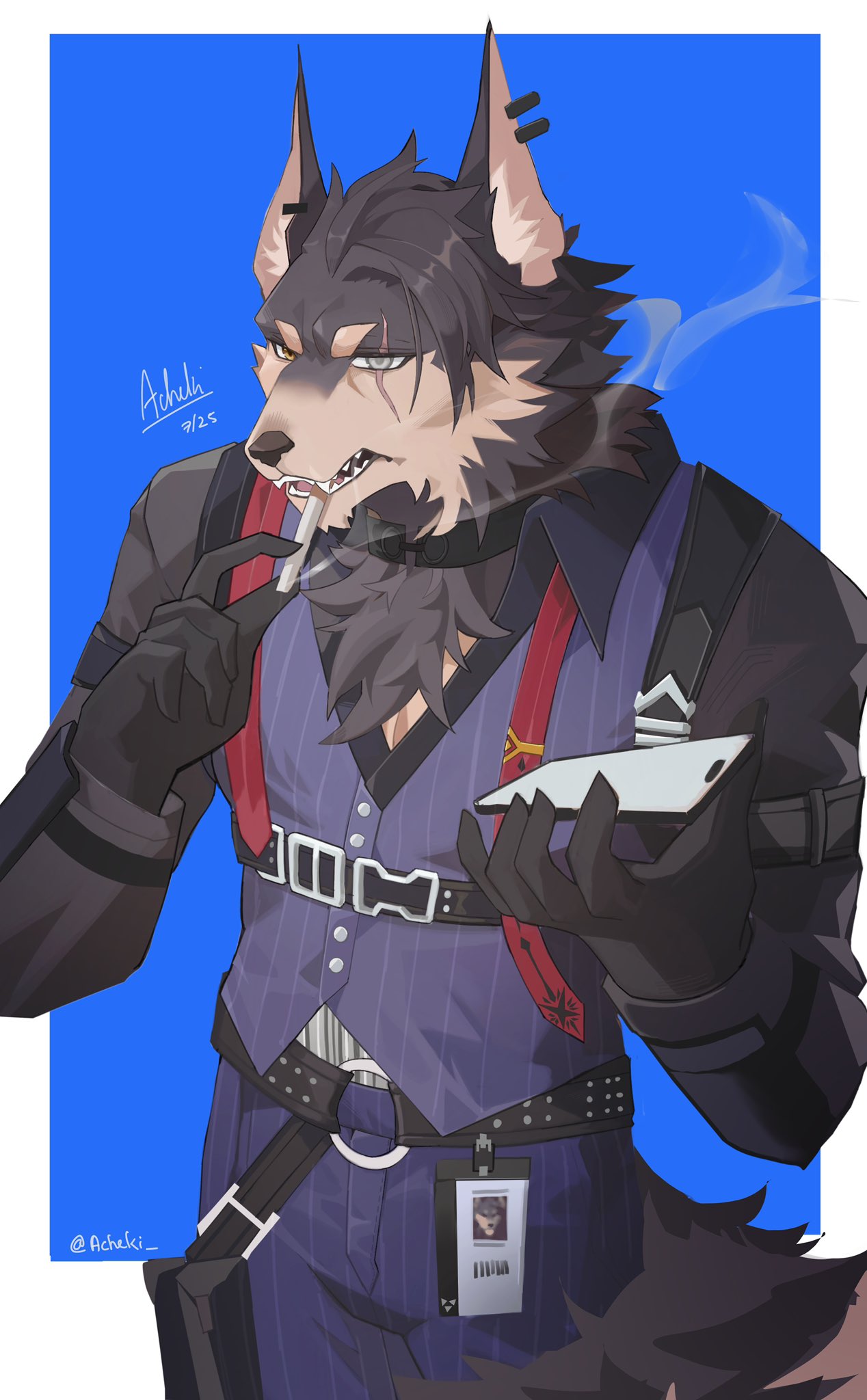 1boy, acheki, animal_ears, black_shirt, blue_pants, blue_vest, brown_fur, cigarette