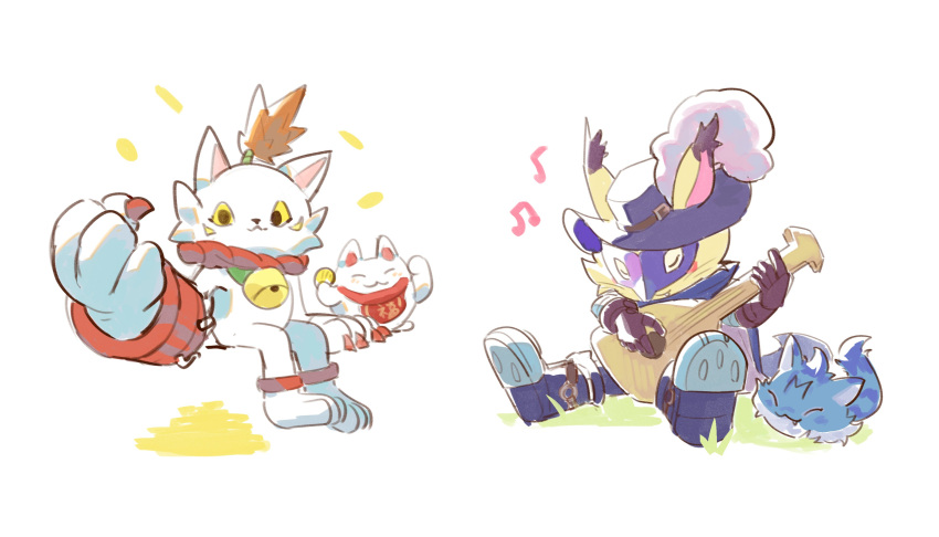 765_nanami, absurdres, black_boots, black_cape, black_hat, blue_fur, body_fur, boots, cape, cat, colored_sclera, digimon, digimon_(creature), guitar, hat, hat_feather, highres, holding, holding_guitar, holding_instrument, instrument, large_hands, maneki-neko, manekimon, music, nyabootmon, playing_guitar, playing_instrument, purple_mask, sitting, trait_connection, wanyamon, white_fur, yellow_fur, yellow_sclera