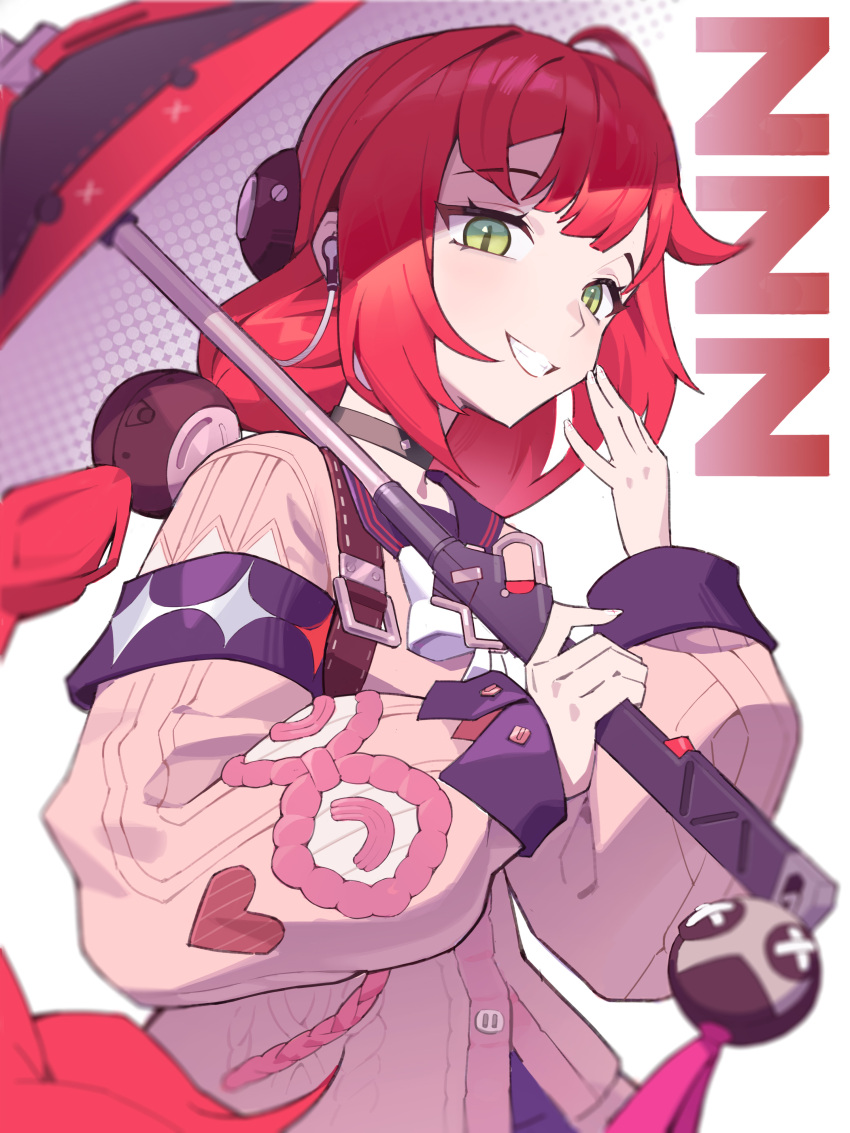 1girl, absurdres, black_choker, black_sailor_collar, bow, breasts, cardigan, choker, green_eyes, highres, hijuk, long_hair, looking_at_viewer, pink_cardigan, red_hair, sailor_collar, skirt, smile, solo, sphere_hair_ornament, thigh_strap, ukinami_yuzuha, white_bow, zenless_zone_zero