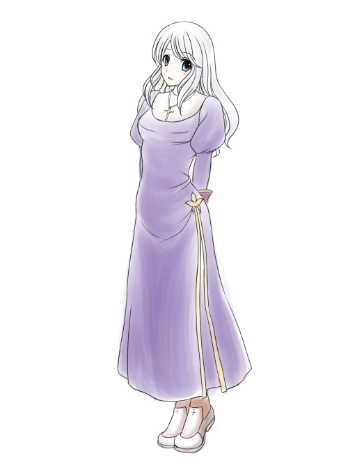 1girl, arms_behind_back, breasts, brown_shoes, closed_mouth, commentary_request, cross, cross_necklace, dress, expressionless, full_body, grey_eyes, grey_hair, hiruankou, jewelry, juliet_sleeves, long_dress, long_hair, long_sleeves, looking_at_viewer, medium_breasts, necklace, priest_(ragnarok_online), puffy_sleeves, purple_dress, ragnarok_online, shoes, side_slit, simple_background, solo, white_background