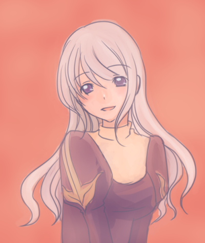 1girl, breasts, commentary_request, dress, grey_hair, hiruankou, juliet_sleeves, long_sleeves
