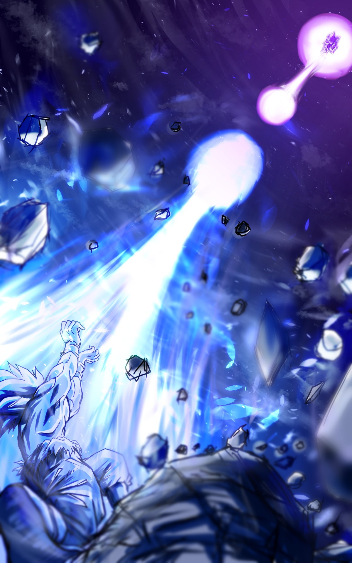 2boys, aura, battle, debris, dragon_ball, dragon_ball_z, energy_beam, galick_gun