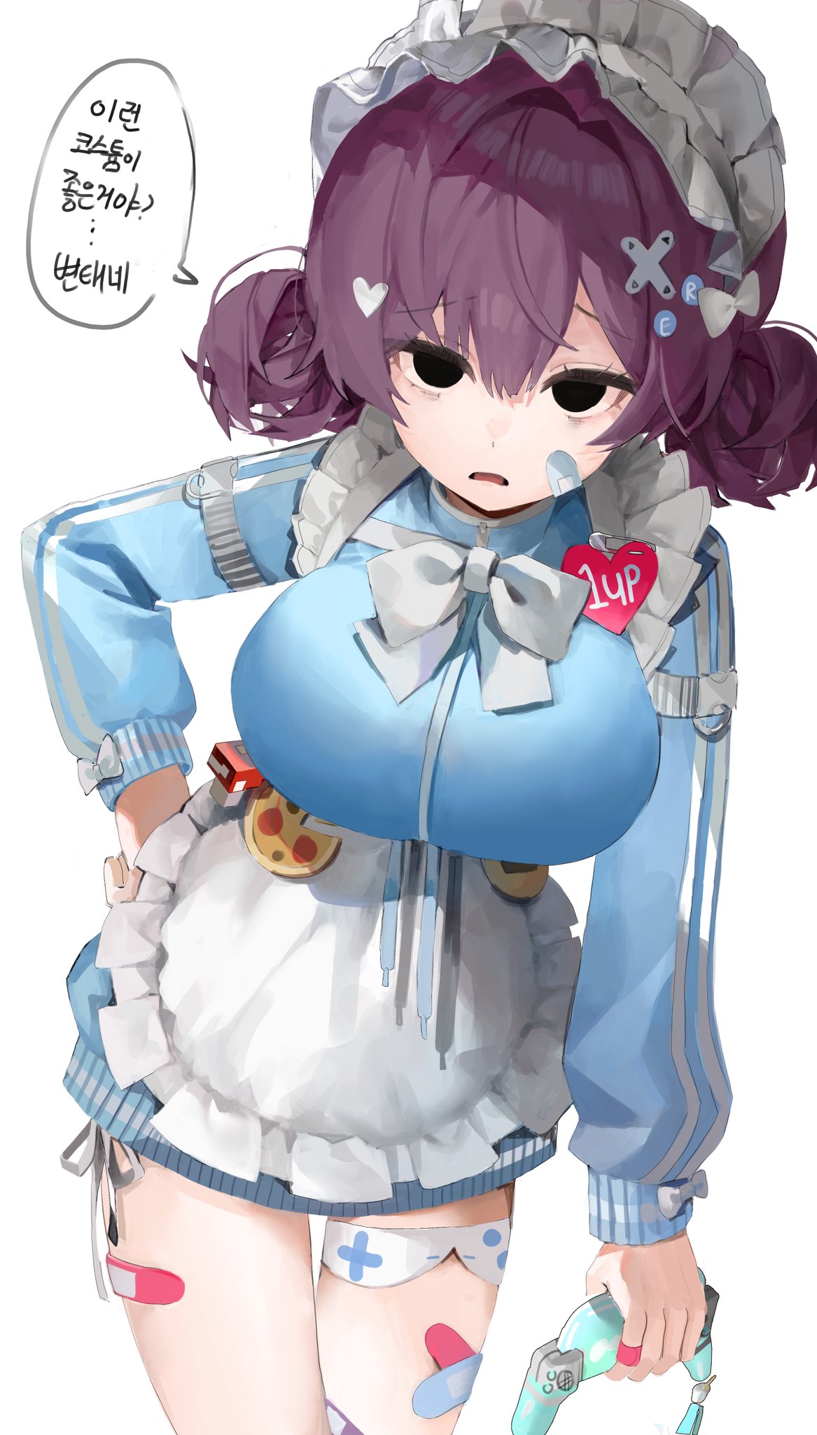 1girl, 1up, apron, black_eyes, black_survival, bow, breasts, cellphone