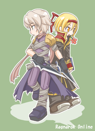 2boys, armor, assassin_(ragnarok_online), bandages, bandages_over_clothes, black_coat, black_gloves, black_shoes