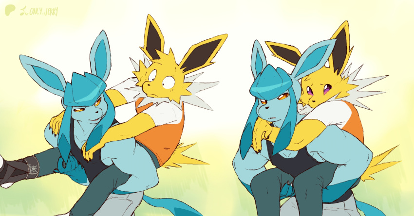 2boys, animal_ears, artist_name, black_shirt, black_tank_top, carrying, carrying_person, claws, closed_mouth, english_commentary, furry, furry_male, glaceon, highres, jolteon, looking_at_another, male_focus, multiple_boys, multiple_views, only_jerry, orange_shirt, pokemon, pokemon_(creature), shirt, sleeveless, sleeveless_shirt, tail, tank_top