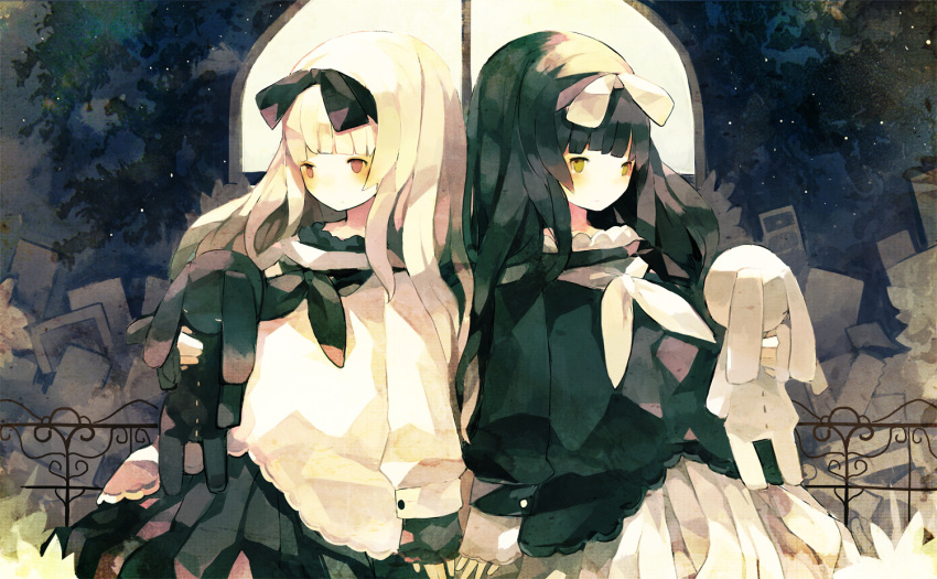 black_hair, blonde_hair, bow, brown_eyes, bunny, hair_bow, hairband, long_hair