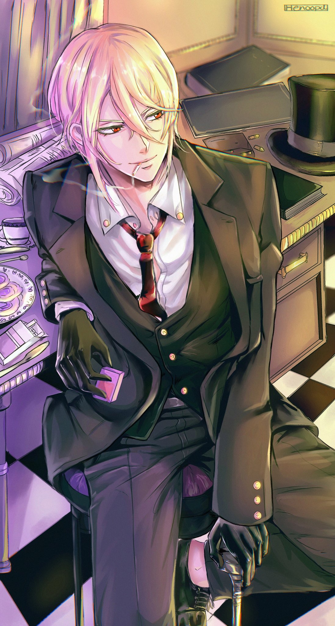 1boy, artist_name, black_gloves, black_hat, black_jacket, black_pants, black_shoes, black_vest