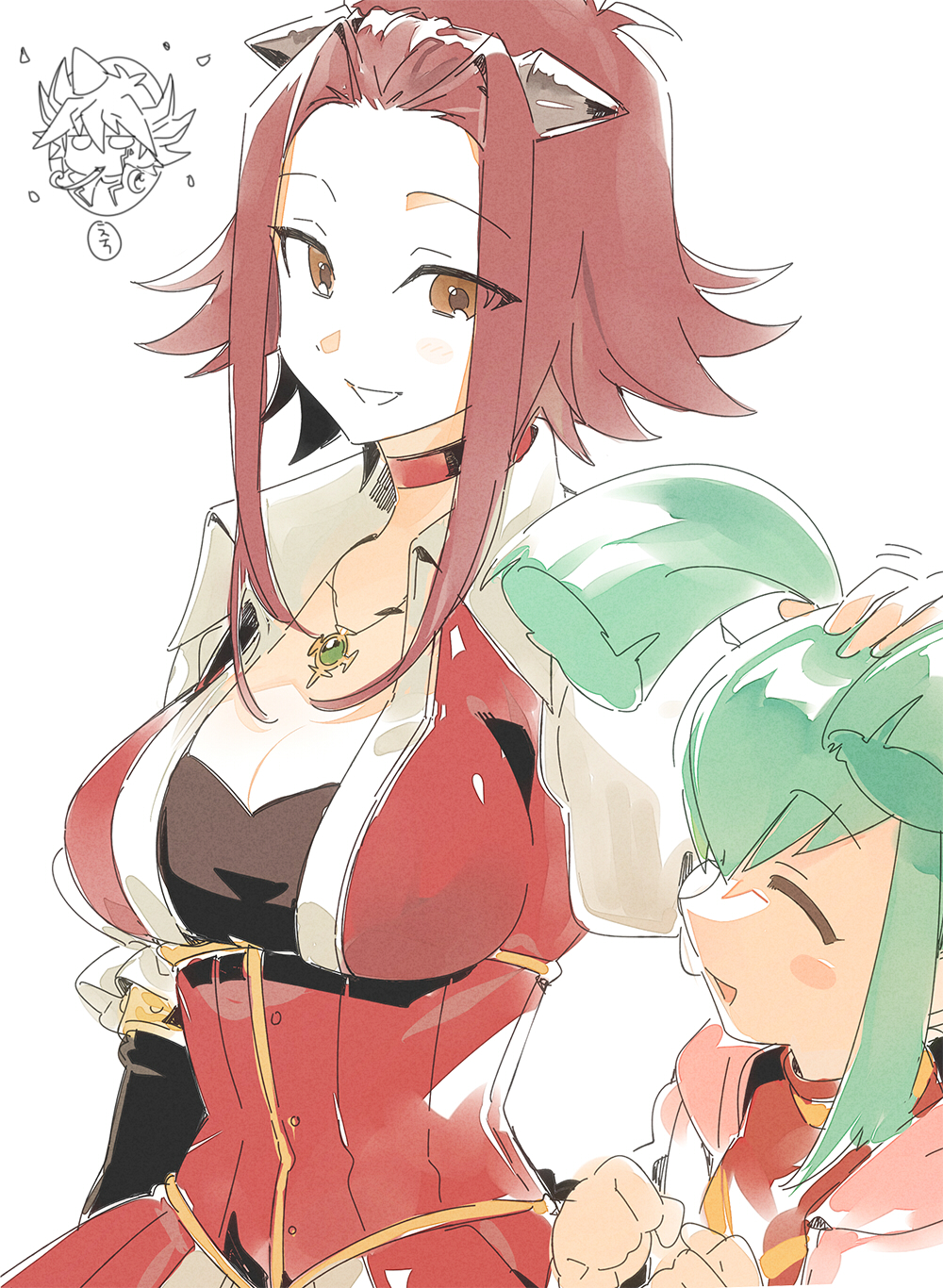 1boy, 2girls, 3_ma_me, choker, dress, fudo_yusei, green_hair, headpat, highres, izayoi_aki, jewelry, luca_(yu-gi-oh!), multiple_girls, necklace, open_mouth, red_choker, red_dress, red_eyes, red_hair, short_hair, short_hair_with_long_locks, sidelocks, twintails, upper_body, white_background, yu-gi-oh!, yu-gi-oh!_5d's