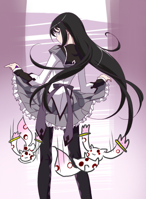 akemi_homura, argyle, argyle_legwear, bakemonogatari, black_hair, black_legwear, bullet_hole, clone
