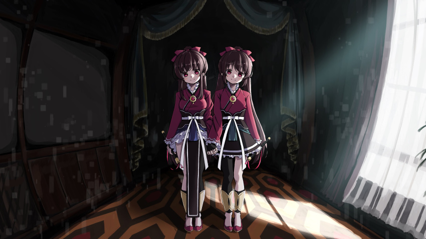 2girls, absurdres, durchfallkaffee_levante, full_body, hallway, highres, long_hair, magia_record:_mahou_shoujo_madoka_magica_gaiden