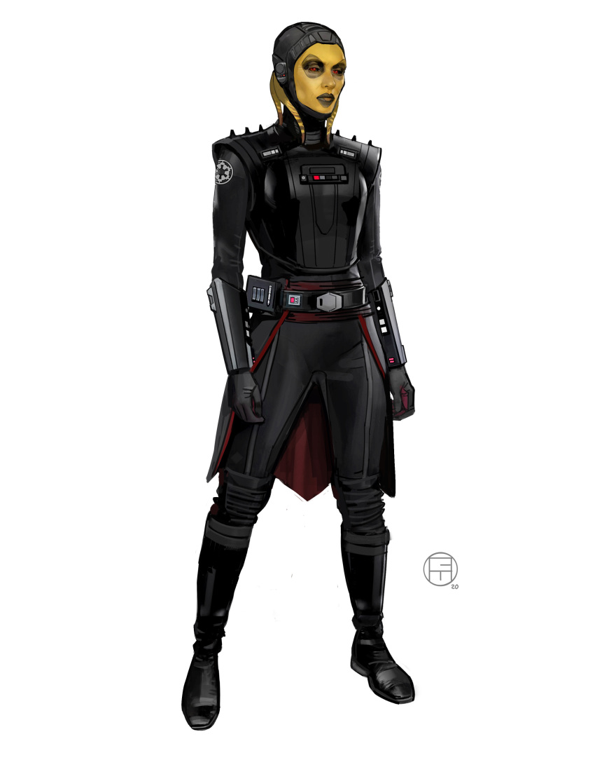 1girl, absurdres, alien, black_boots, black_gloves, black_jacket, black_pants, boots, brian_matyas, colored_skin, full_body, gloves, highres, imperial_logo_(star_wars), jacket, looking_at_viewer, lyn_rakish, nogratu, pants, red_eyes, simple_background, solo, star_wars, white_background, yellow_skin