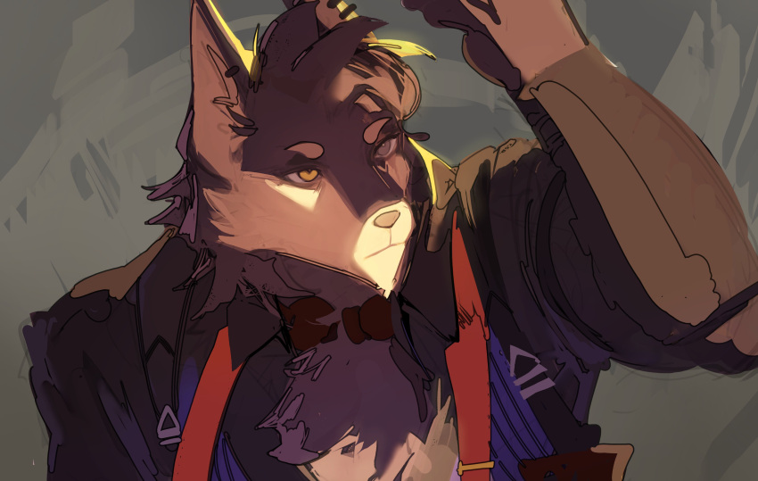 1boy, 1kogito1, absurdres, animal_ears, black_shirt, closed_mouth, earrings, english_commentary