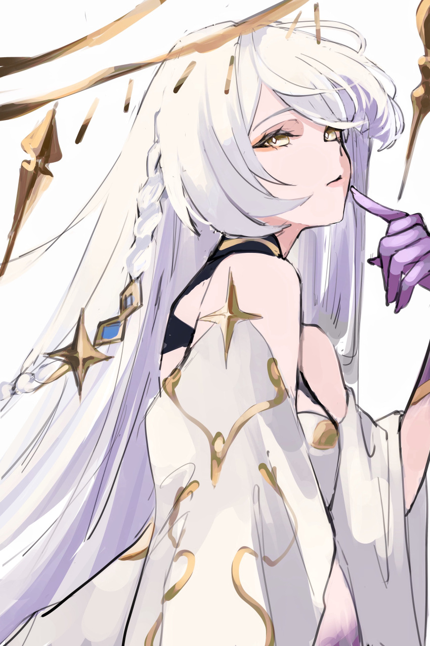1girl, absurdres, braid, bright_pupils, closed_mouth, colored_extremities, commentary, finger_to_cheek