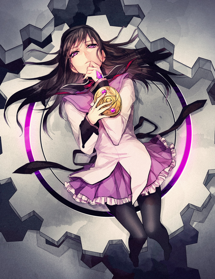 akemi_homura, ameri00, black_hair, black_legwear, from_above, geara, gears, hairband
