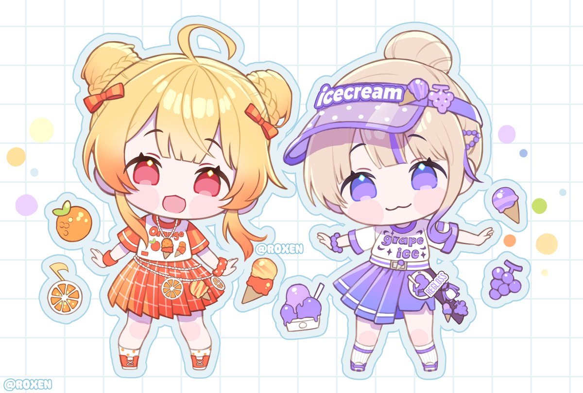 2girls, :3, ahoge, blonde_hair, blue_skirt, bow, braid, chibi