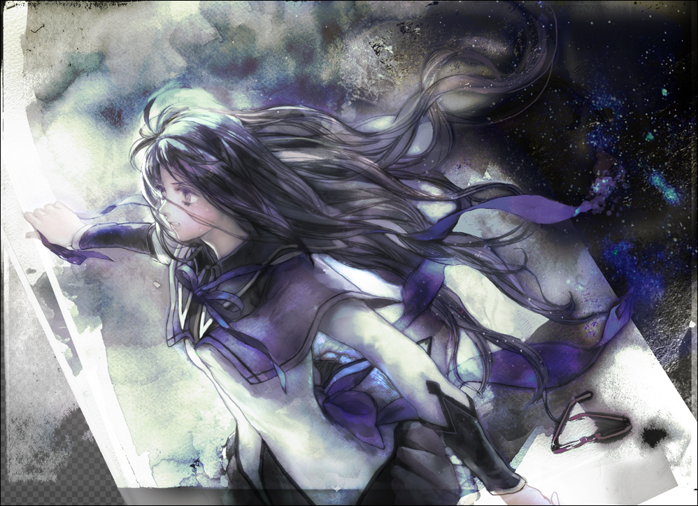 akemi_homura, black_hair, glasses, glasses_removed, hair_ribbon, hairband, hiroko_(keshika), long_hair