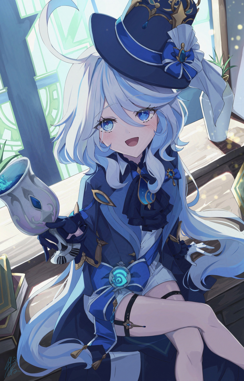 1girl, absurdres, ahoge, aki_tsune, blue_eyes, blue_hair, blue_hat, blue_jacket