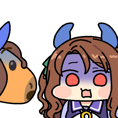 1girl, animal_ears, brown_hair, ear_covers, emoji, horse, horse_ears, horse_girl
