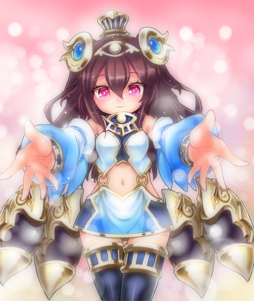 ajitarou_(setsu), blue_dress, blue_sleeves, boots, brown_hair, closed_mouth, detached_sleeves, dress