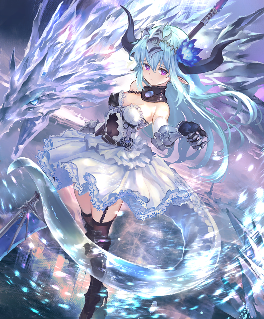 blue_hair, dragon, dragon_girl, dragon_tail, dress, filene_(shadowverse), horns, looking_at_viewer