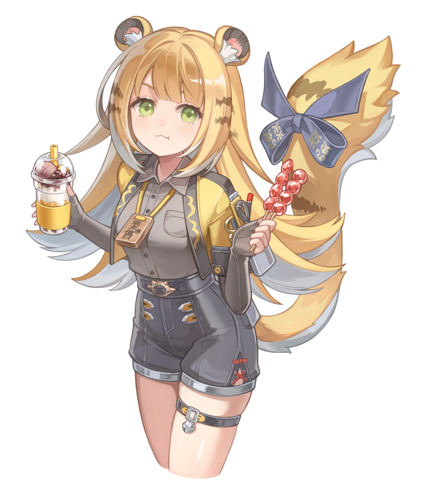 1girl, absurdres, animal_ears, black_hair, black_shirt, black_shorts, blonde_hair, blue_bow, bow, closed_mouth, cropped_jacket, cup, disposable_cup, fingerless_gloves, gloves, green_eyes, highres, holding, holding_cup, jacket, ju_fufu, looking_at_viewer, ludwig_(user_aewg2872), multicolored_hair, o-ring, o-ring_thigh_strap, shirt, shorts, smile, solo, tail, tail_bow, tail_ornament, thigh_strap, tiger_ears, tiger_girl, tiger_tail, two-tone_hair, white_hair, yellow_jacket, zenless_zone_zero