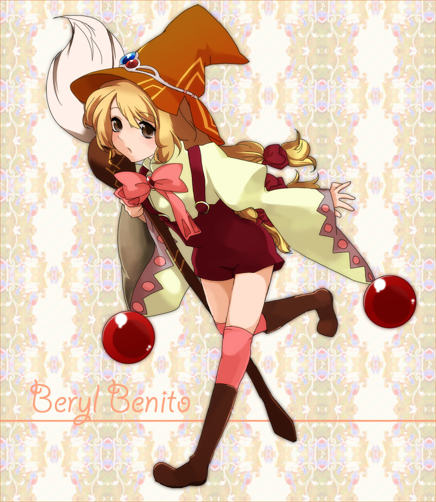 beryl_benito, blonde_hair, boots, bow, brooch, brown_eyes, character_name, hair_ribbon