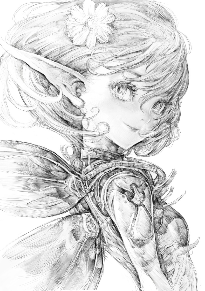 1girl, breasts, fairy, fairy_wings, flower, from_side, graphite_(medium), greyscale