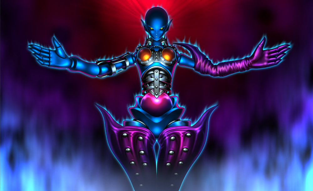 1girl, aura, bald, bald_female, blue_skin, boots, breasts, closed_mouth